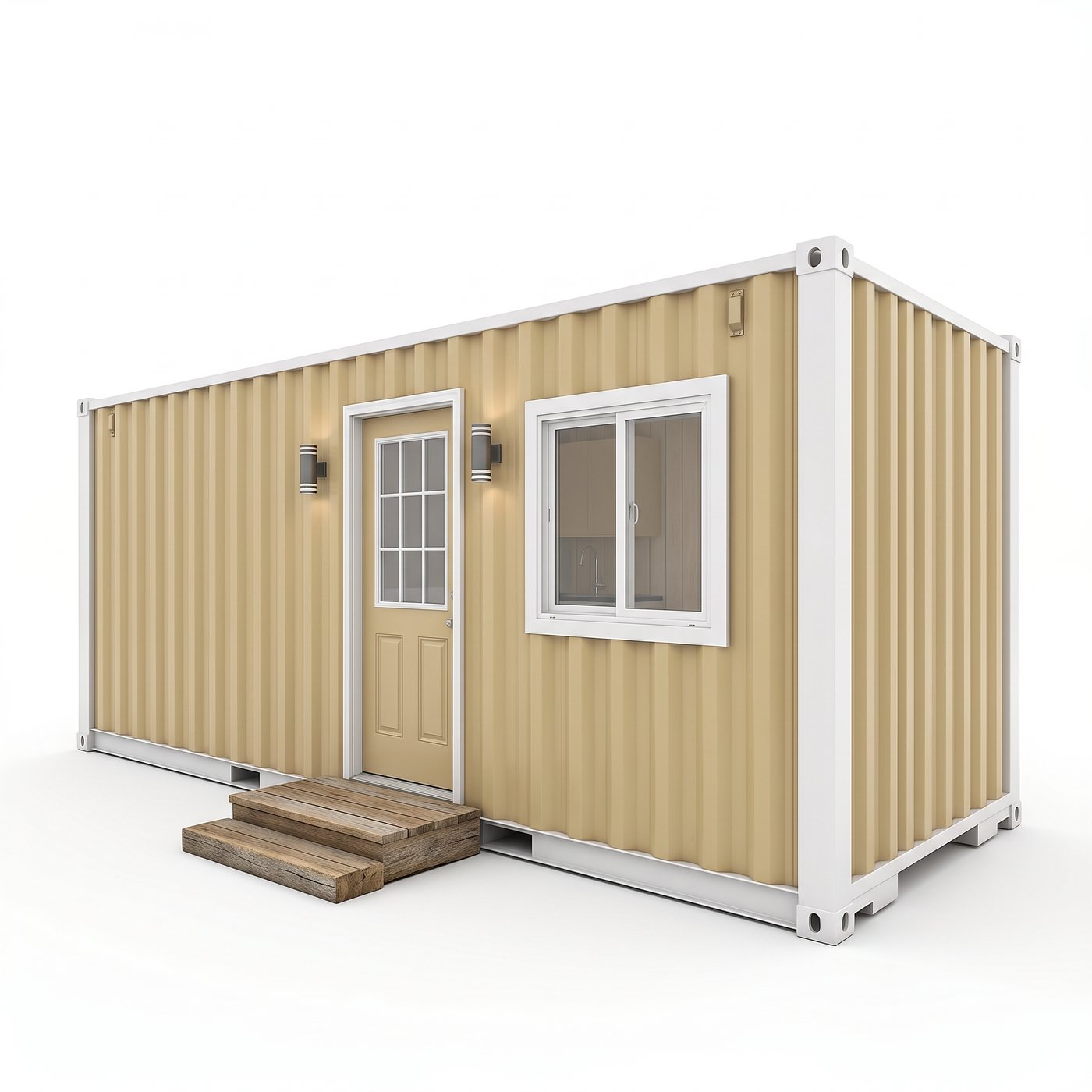 Comfort 160 exterior, tan container with white trim and a glazed entry door in the long wall