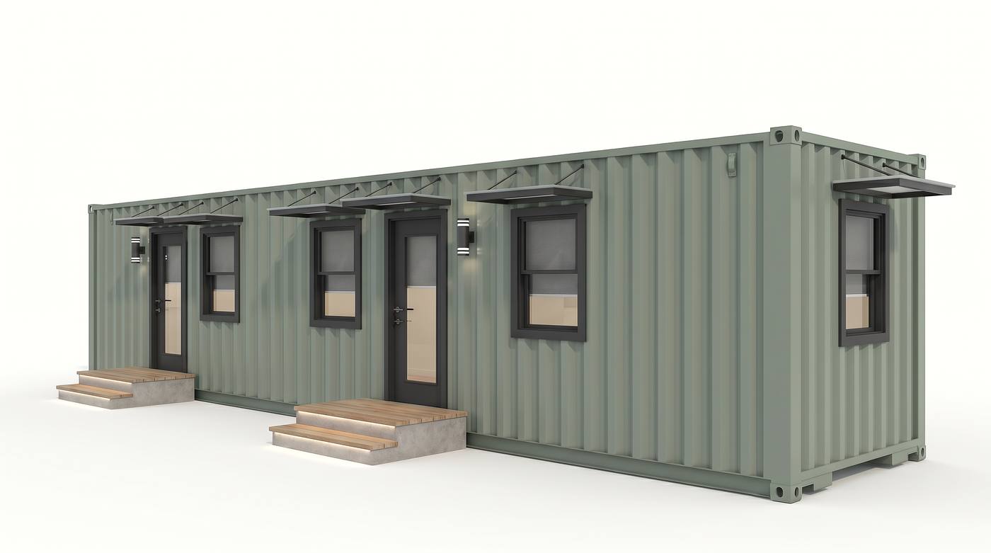 Casa 622 Classic 320 cabin exterior in sage green with awnings and entry steps