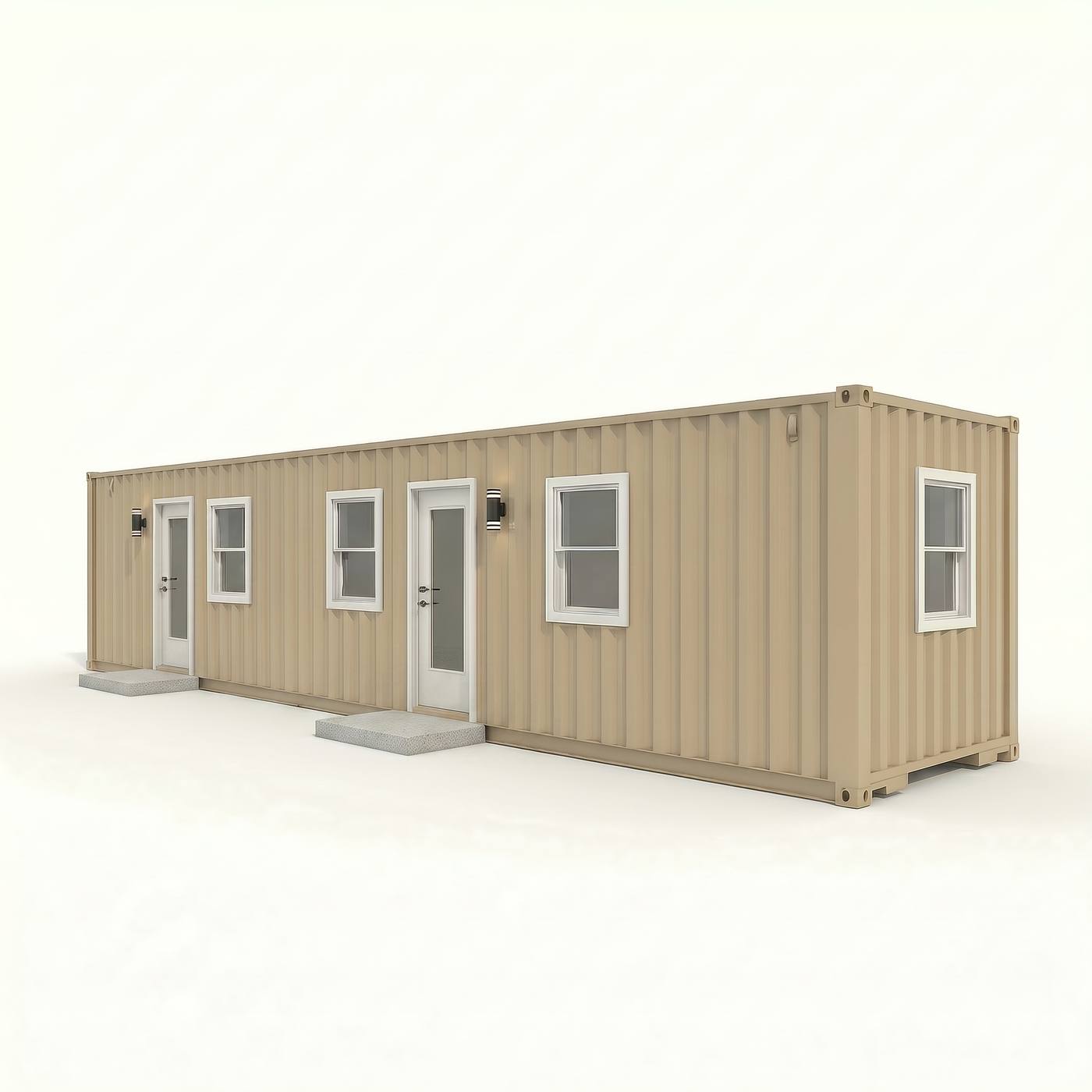Comfort 320 cabin exterior, tan 40-foot high cube with half-light doors