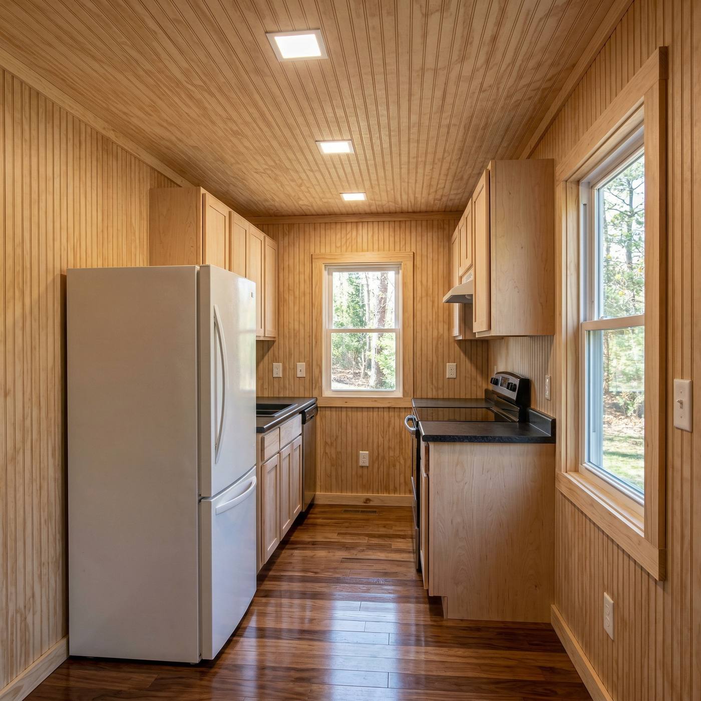 Comfort 320 galley kitchen with white appliances and black countertops