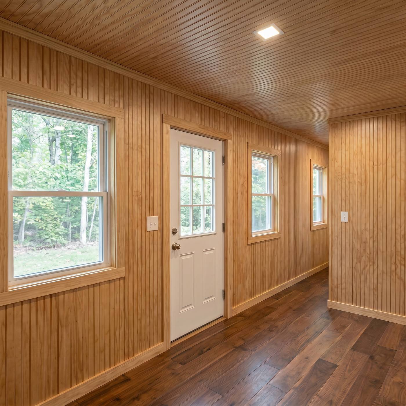 Comfort 320 interior with beadboard paneling and dark vinyl plank floor