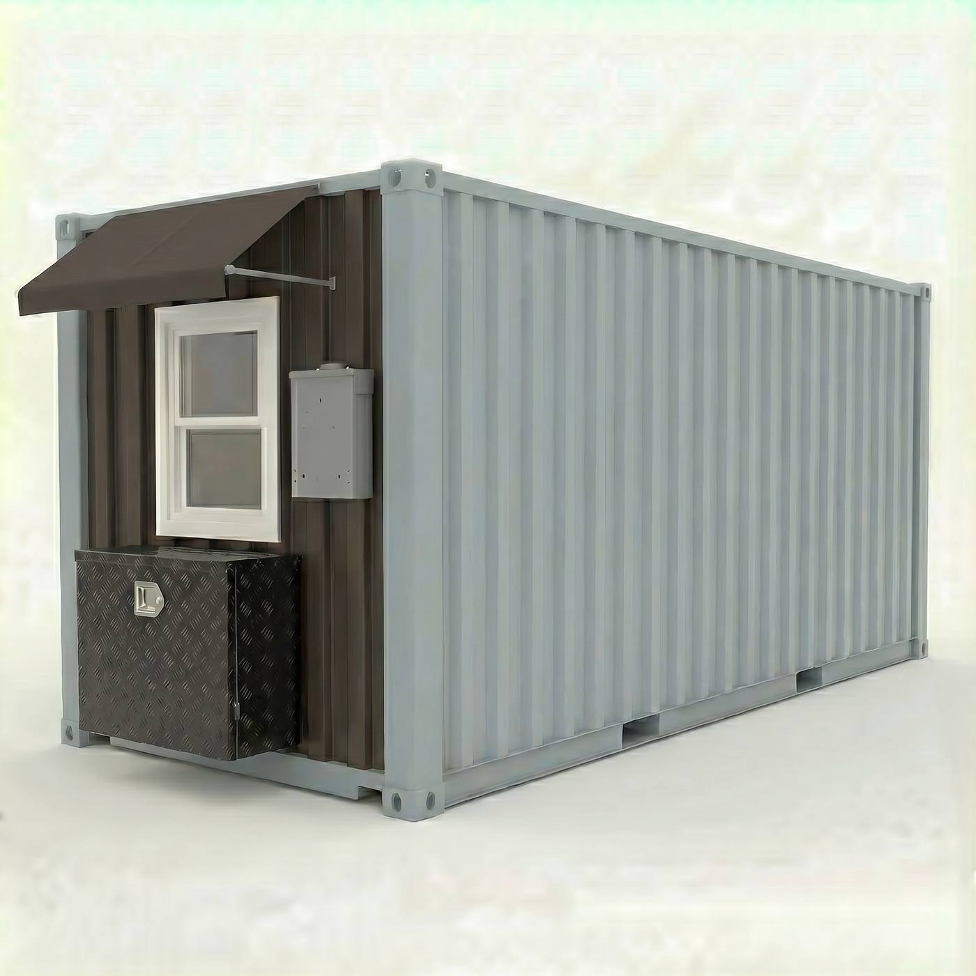 The back of a grey 160 cabin with a dark awning, window and diamond-plate utility enclosure