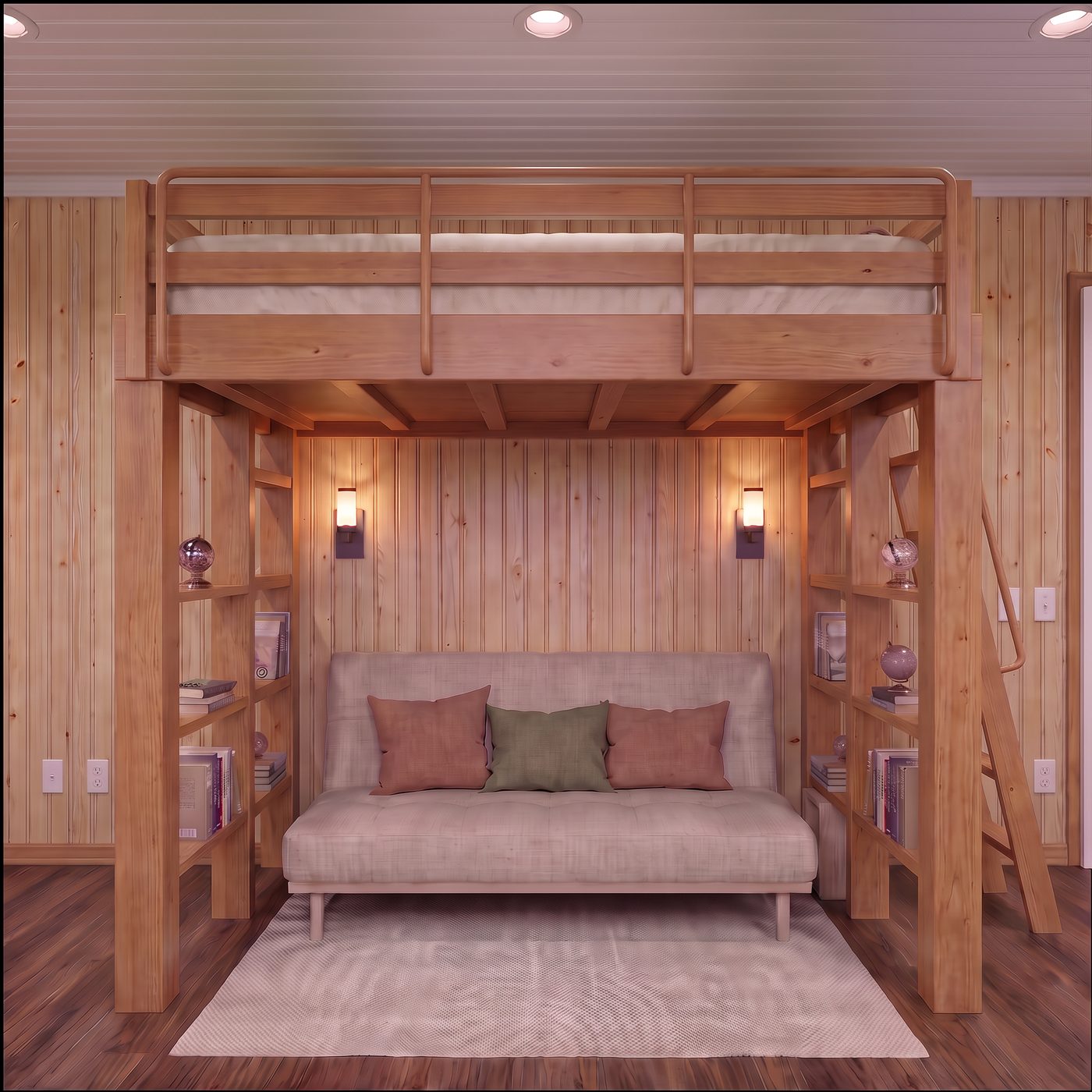 Comfort 160 loft bed on a stained wood frame above a futon, with reading lights