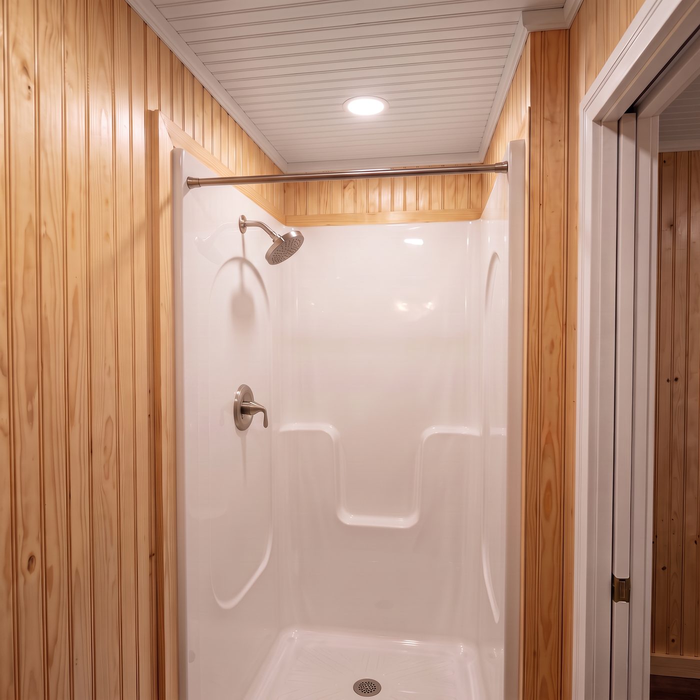 Comfort 160 bath with a white molded shower surround and pine walls