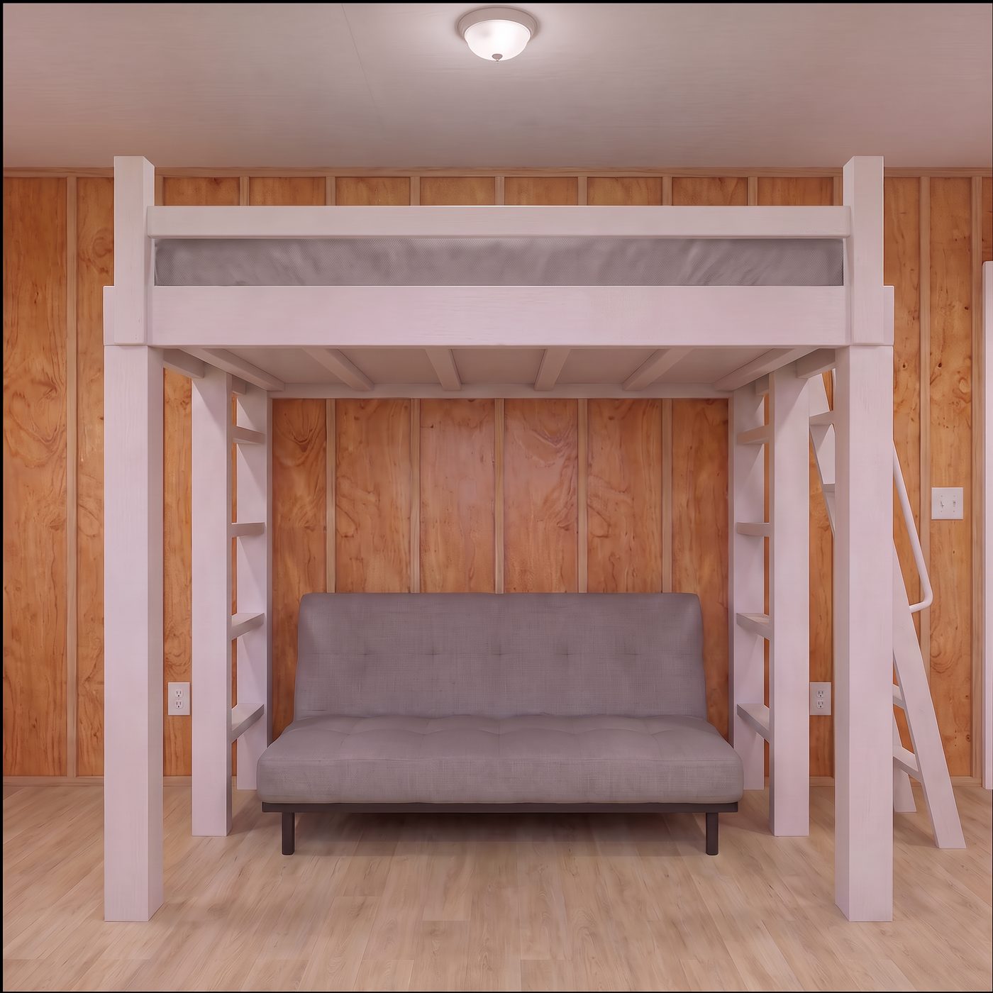 Sport 160 loft bed on a painted white wood frame above a futon
