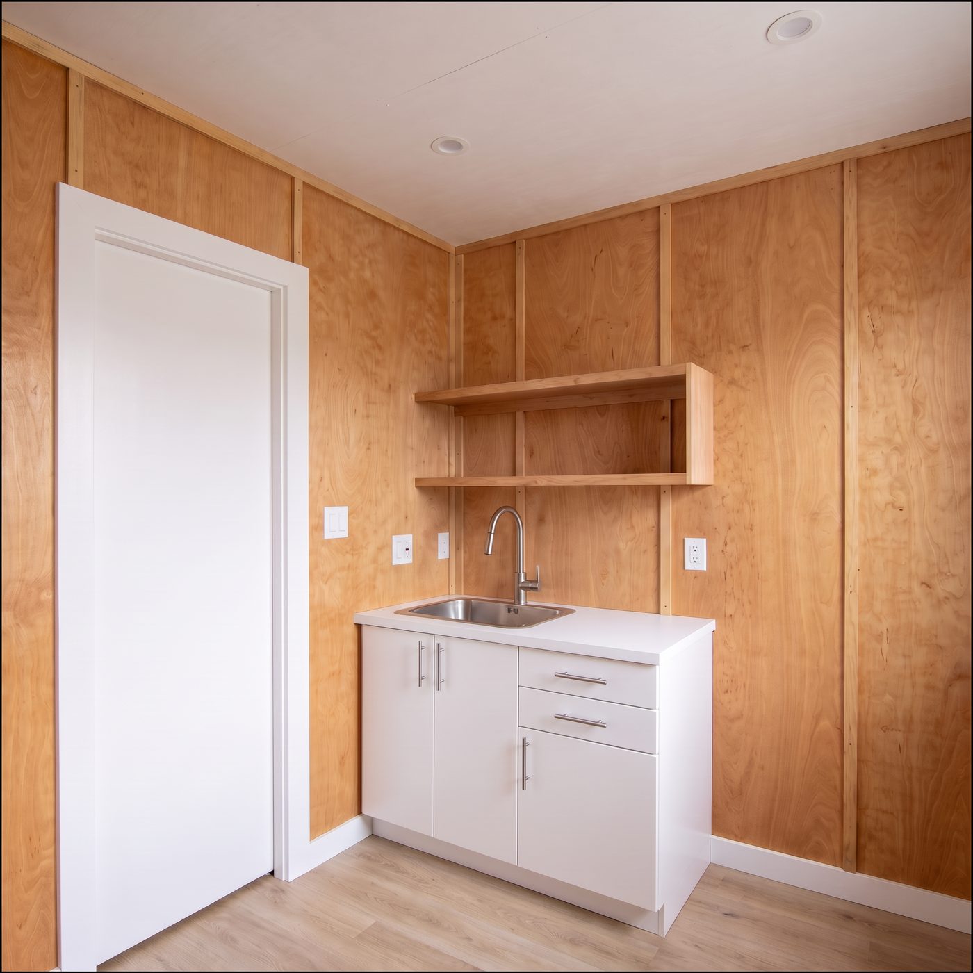 Sport 160 kitchenette with a stainless sink, white base cabinets and open wood shelves
