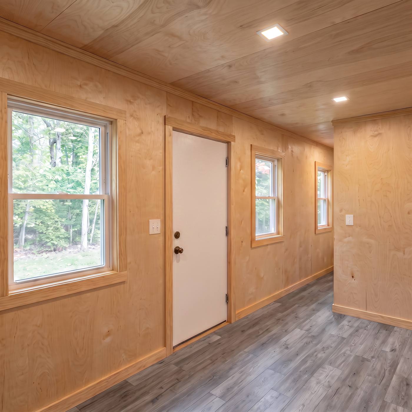 Sport 320 interior with sanded plywood walls and ceiling