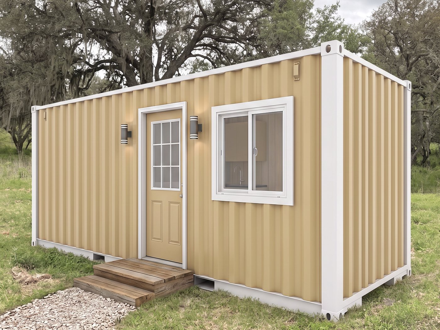 A tan 20-foot cabin with white trim, a nine-light entry door and a wood step, under live oaks