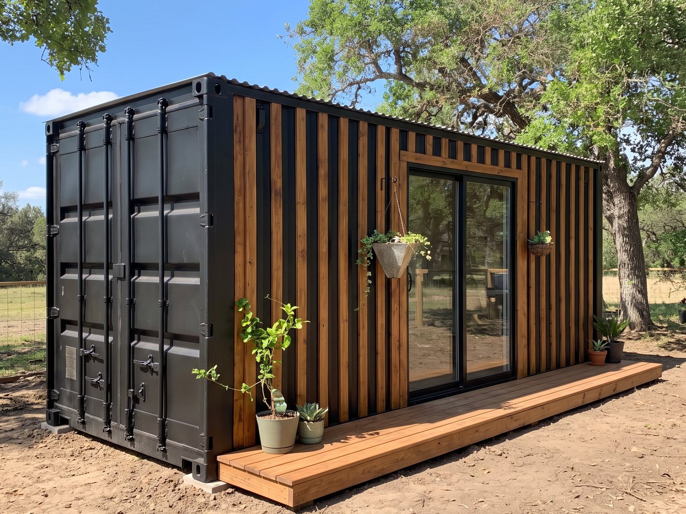 A finished 20-foot Casa 622 cabin clad in vertical cedar, with sliding glass doors and a wood deck