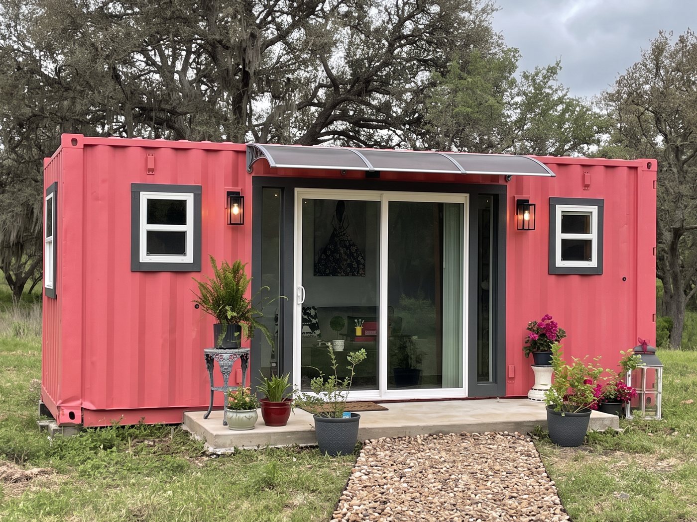 A coral red 20-foot cabin with sliding glass doors, white-trimmed windows and a gravel path