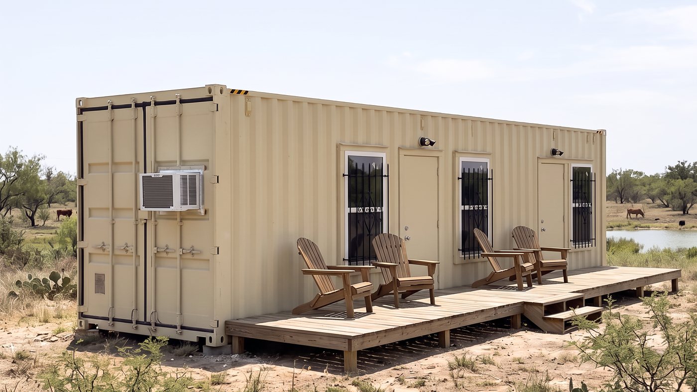 A tan 40-foot cabin at a deer camp with barred windows, a window air conditioner and a long wood deck with chairs